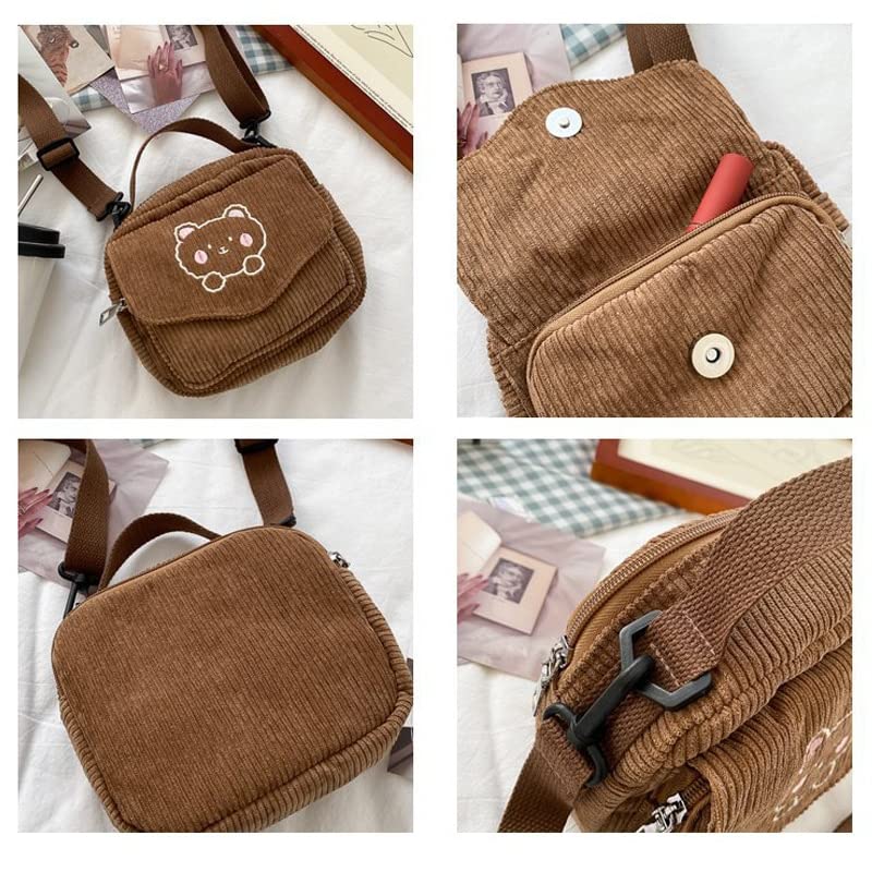 Kawaii Beige Corduroy Crossbody Bag for Adults