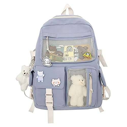 Kawaii Blue Backpack with Cute Pins & Accessories