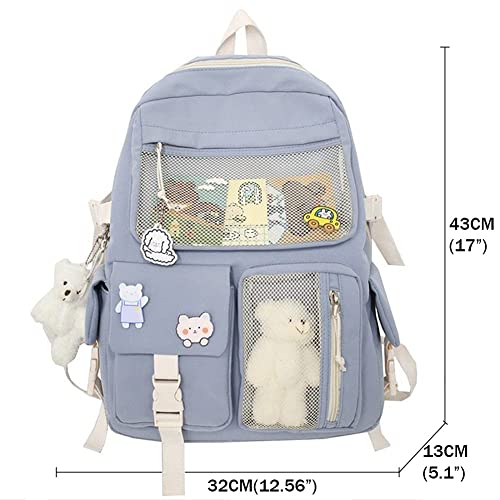 Kawaii Blue Backpack with Cute Pins & Accessories