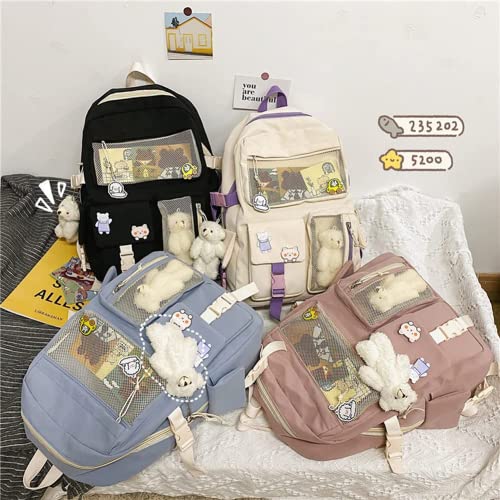 Kawaii Blue Backpack with Cute Pins & Accessories