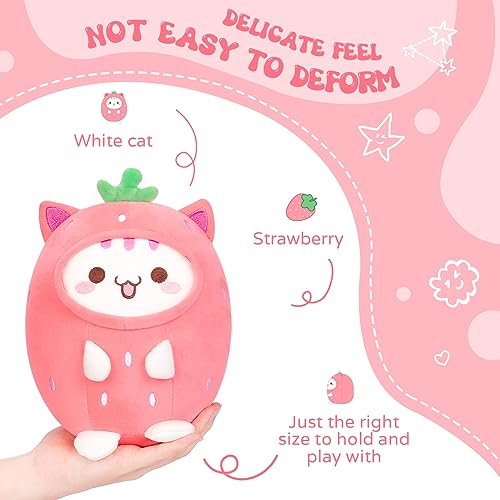 Kawaii Strawberry Cat Plush Pillow - 8" Cuddly Toy