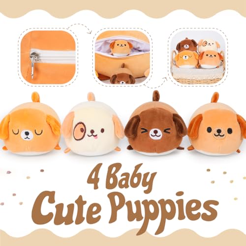 Kawaii Dog Pillow with 4 Soft Puppy Plushies