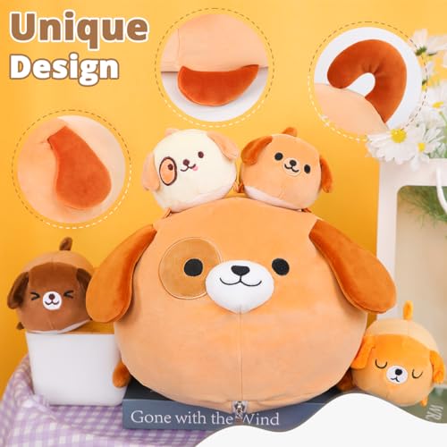 Kawaii Dog Pillow with 4 Soft Puppy Plushies