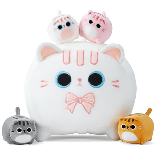 Sweet White Cat Plush Family with Baby Kittens