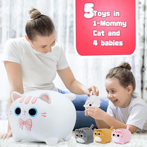 Sweet White Cat Plush Family with Baby Kittens