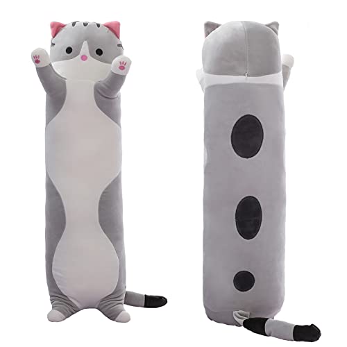 Long Gray Cat Plush Pillow - Kawaii Soft Toy