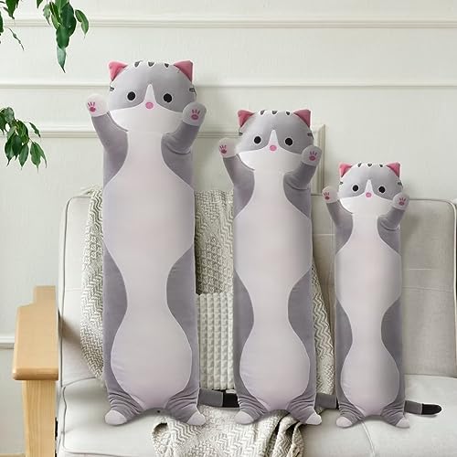 Long Gray Cat Plush Pillow - Kawaii Soft Toy