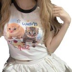 Kawaii Cat Print Short Sleeve Tee for Girls