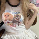 Kawaii Cat Print Short Sleeve Tee for Girls