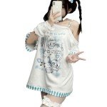 Kawaii Harajuku Cartoon Print Off-Shoulder Tee
