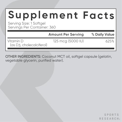 Vitamin D3 5000 IU with MCT Oil, 360 Softgels