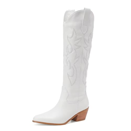 Women's Vintage White Embroidered Knee High Cowboy Boots