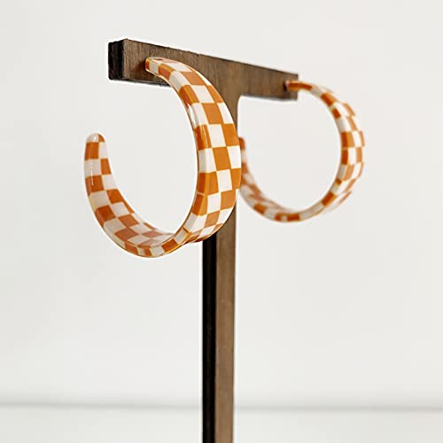 Vintage Geometric Resin Earrings - Black/White Grid (Orange)