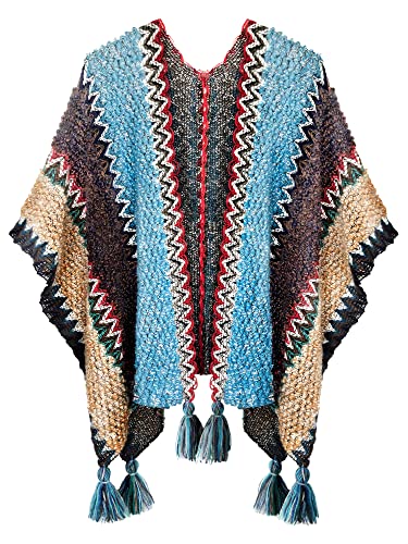 Vintage Ethnic Tassel Stripe Poncho Shawl - Blue/Beige