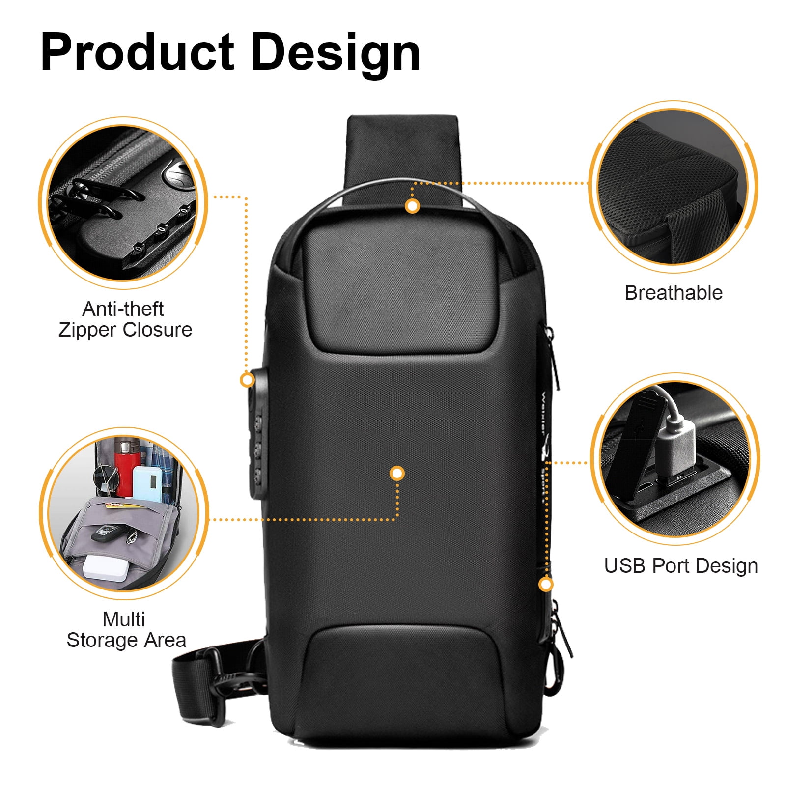 Waterproof Hiking Sling Bag with USB Charging Port