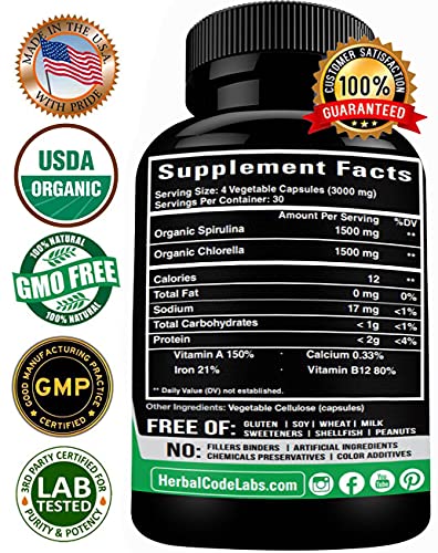 Organic Chlorella Spirulina Powder Capsules - Vegan Omega 3