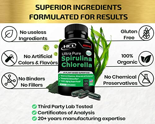 Organic Chlorella Spirulina Powder Capsules - Vegan Omega 3