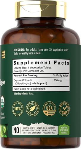 Vegan Omega 3 Chlorella Algae Tablets, 200 Count