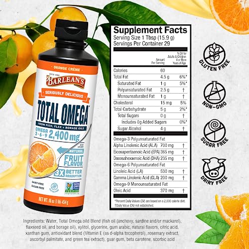 2500mg Vegan Omega 3 Liquid Supplement, Orange Crème Flavor