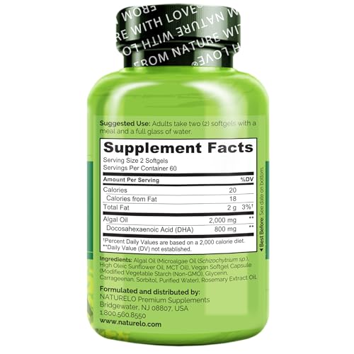 NATURELO Vegan Omega-3 DHA Algae Supplement - 120 Softgels