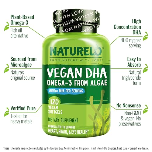 NATURELO Vegan Omega-3 DHA Algae Supplement - 120 Softgels