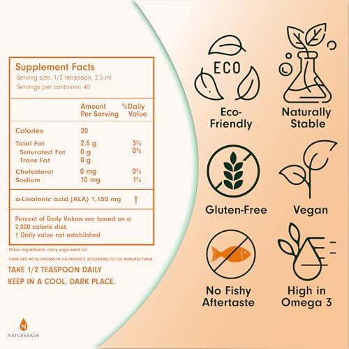 NatureSage Vegan Omega 3 Liquid Oil, 3.4 oz