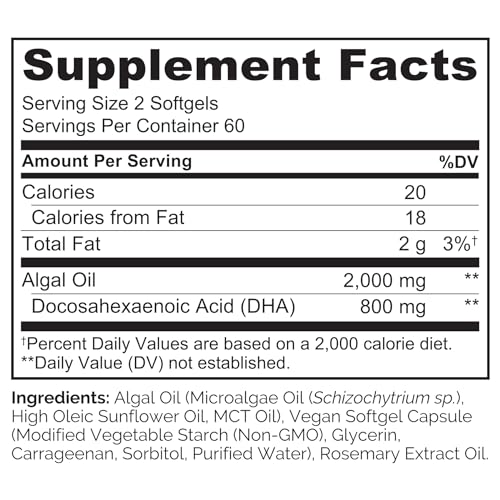 NATURELO Vegan Omega-3 DHA Algae Supplement - 120 Softgels