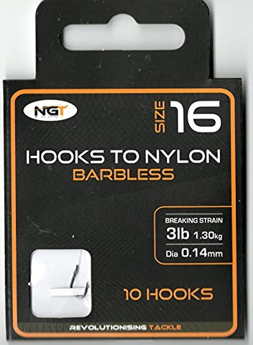 Size 16 NGT Barbless Hooks on Nylon – 10 Pack