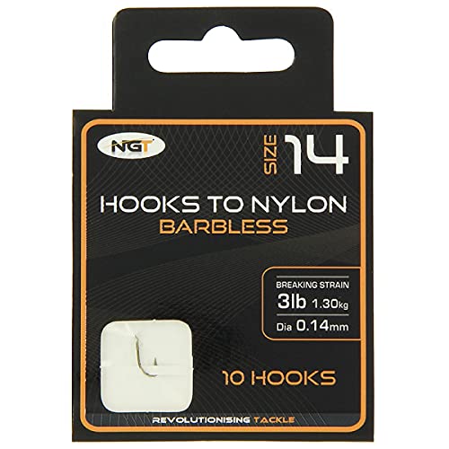 NGT Size 14 Barbless Hooks on Nylon - 10 Pack