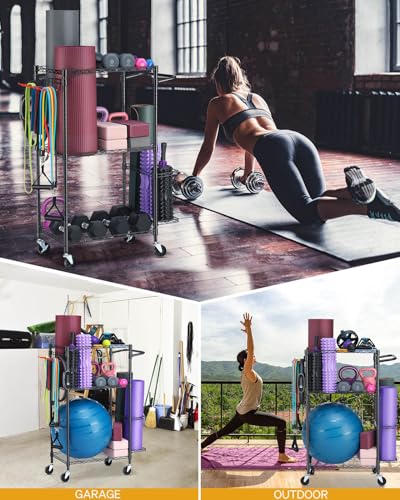 Home Gym Equipment Storage Rack with Wheels & Hooks