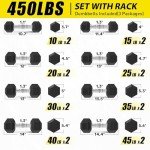 Rubber Hex Dumbbell Set with Rack - 450lbs
