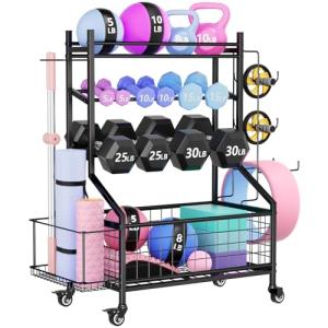 Adjustable Dumbbell Rack with Wheels and Hooks
