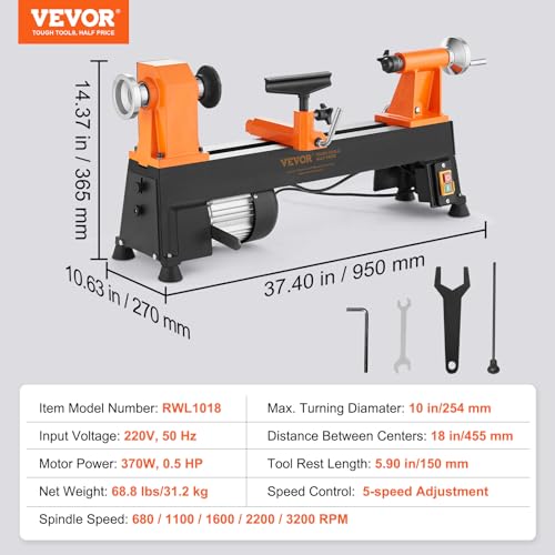 VEVOR Benchtop Wood Lathe, 10x18, 0.5HP, 5 Speeds