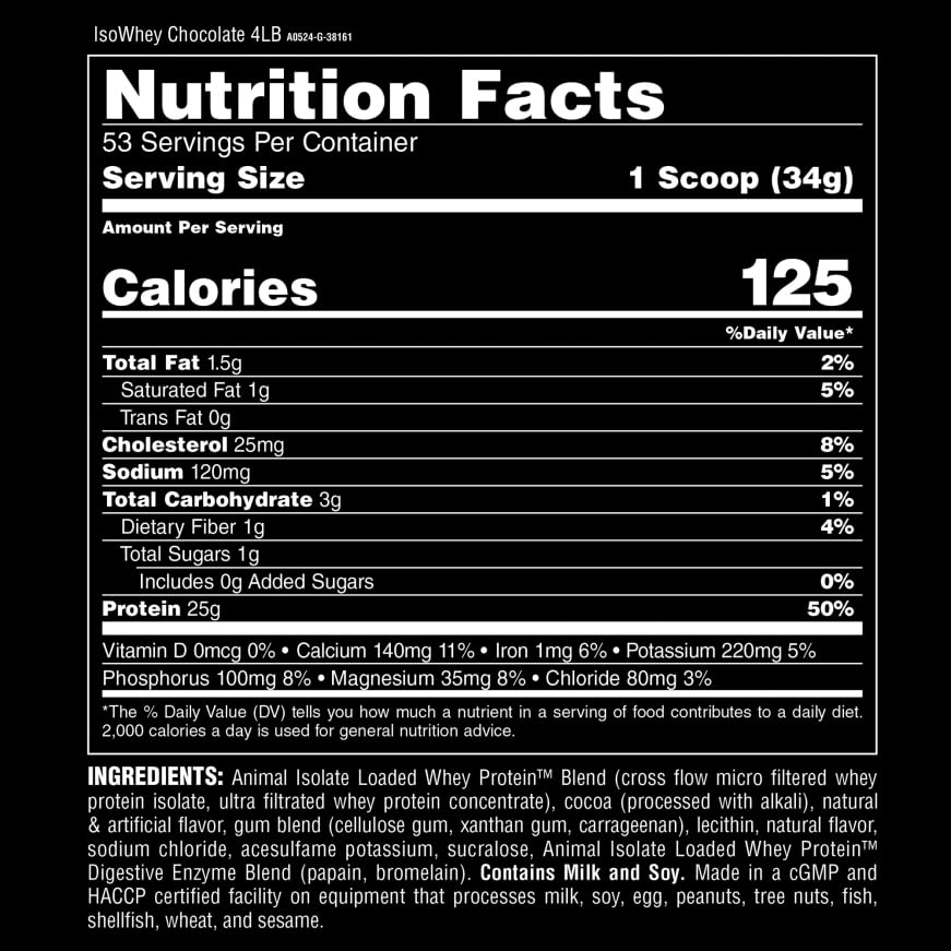 Animal Whey Isolate Protein Powder - Chocolate 4 lbs