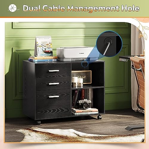 Black 3-drawer mobile file cabinet with shelves