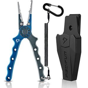 Piscifun Fishing Pliers, Saltwater Fishing Pliers with Split Ring, Fish Hook Remover, Corrosion Resistance Fly Fishing Pliers with Braid Cutters, Sheath and Lanyard, Fishing Gear Gifts for Men, Blue