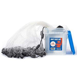 BASSDASH American Saltwater Fishing Cast Net 3/8 1/4-Inch Mesh 4ft 6ft 8ft Radius, 1-Pound Per Foot, for Bait Fish with Utility Bucket Casting