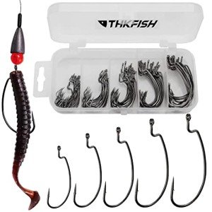 THKFISH 100pcs/Box Fishing Offset Worm Hooks EWG-Offset Fishing Hooks Round Bend Offset Worm Hooks Wide Gap Hooks with Barbed Shank #2#1 1/0 2/0 3/0
