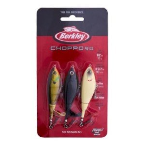 Berkley Choppo Topwater Fishing Lure 3-Pack, Assorted Colors, Size 90, 3.5in, Enhanced Propeller Surface Area for Maximum Disturbance, Equipped with Sharp Fusion19 Hook