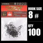 XFISHMAN Octopus Hook - Circle Hooks, Freshwater & Saltwater, Reversed Point, Up-Turned Eye, 100-Pack (Black, Size:8)