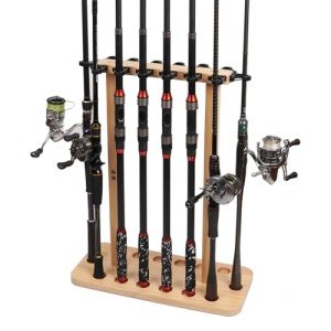 VEYWANE Fishing Rod Storage Racks, 100% Wood Floor Stand Fishing Pole Holders for Garage of 14 Rods or Combos