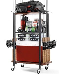 Ghosthorn Fishing Rod Holders for Garage, Fishing Gear and equipment Rotating Tackle Storage Cart, Pole Rod Rack Hold up to 10 Rods, Fishing Gifts for Men, Brown