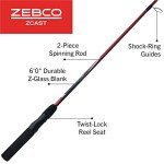 Zebco Z-Cast Spinning Fishing Rod, 6-Foot 2-Piece Durable Z-Glass Fishing Pole, Comfortable EVA Rod Handle, Shock-Ring Guides, Medium Power, Red
