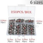 250Pcs Split Shot Fishing Weights Sinkers, 6 Sizes Removable Round Assortment Open Mouth Fly Fishing Weight Clip on Sinker Weight Freshwater Saltwater Fishing Accessories