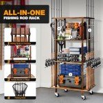 Ghosthorn Fishing Rod Holders for Garage Fishing Pole Rack Hold up to 10 Rods Fishing Pole Holders Wooden Organizer Fishing Rod Rack car Fishing Gear Storage Equipment (4 Tier)