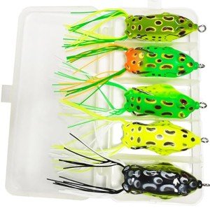 Kmucutie 5 Pcs Topwater Frog Lures Sets with Bait Box, Frog Fishing Crankbait Lures, Soft Bait for Bass Snakehead, Freshwater Soft Simulated Frog Bait (5 cm / 8 g, 5 Pieces Mix Colors A)