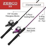 Zebco 33 Spincast Reel and Fishing Rod Combos (2-Pack), 5-Foot 6-Inch 2-Piece Fiberglass Rods with EVA Handle, Quickset Anti-Reverse Fishing Reels with Bite Alert, 1-Pink, 1-Black