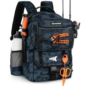 KastKing BaitSpace 50L Fishing Tackle Backpack, Water-Resistant Fishing Bag With Removable Bait Binder, Rod Holders, Durable Ripstop Nylon For Fishing Gear and Equipment,Blue Camo