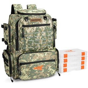 KastKing Bait Boss Fishing Tackle Backpack with Rod Holders-4 Tackle Boxes-Rain Cover,43L Large Storage for Fishing Gear, Dark Green Camouflage