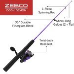 Zebco Dock Demon Spinning Reel and Fishing Rod Combo, 30-inch 1-Piece Fiberglass Fishing Pole, EVA Rod Handle, Size 10 Reel, Powertrain Drag, Pre-Spooled with 6-Pound Zebco Line, Purple